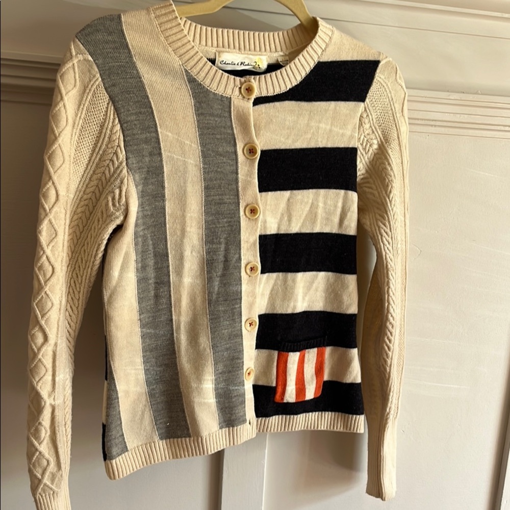 Unique Women's Striped Cardigan Sweater with cable knit sleeves.